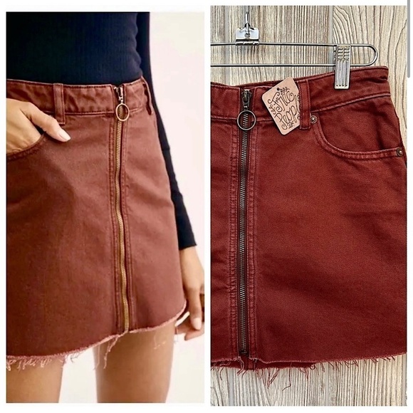 Free People Dresses & Skirts - NEW! FREE PEOPLE ZIP FRONT Denim Skirt Chocolate NWT Size 24 Mini Jean S…